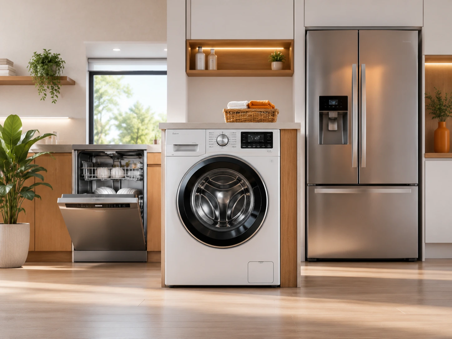 Washing machine, dishwasher, and refrigerator in a modern home for appliance troubleshooting