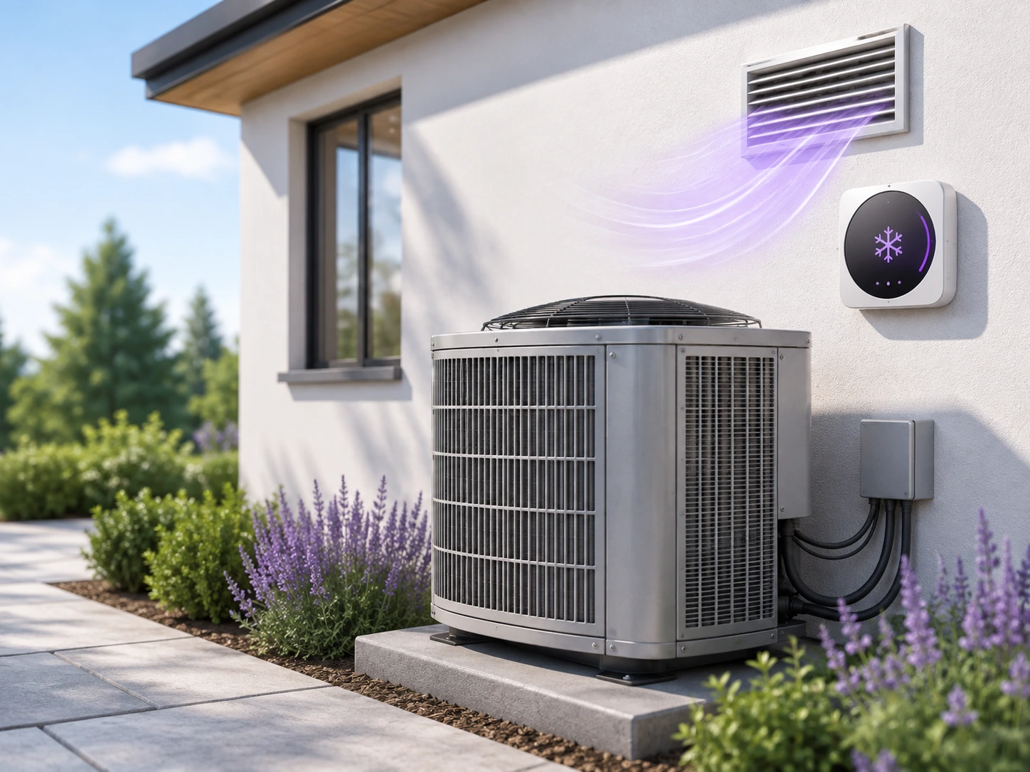 Outdoor air conditioning unit with thermostat for home HVAC troubleshooting