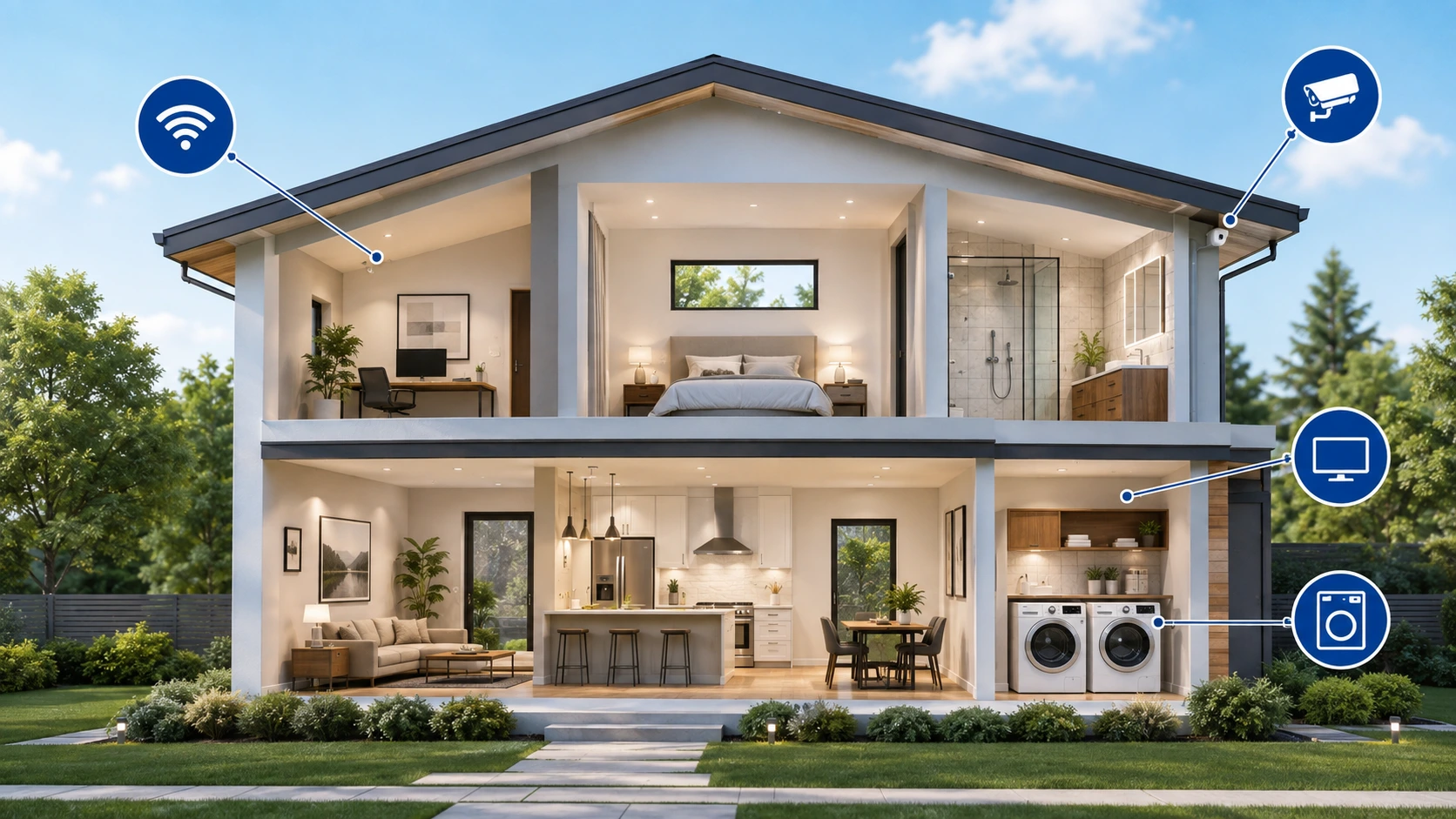 Modern American home with connected Wi-Fi, security camera, TV, and appliance icons