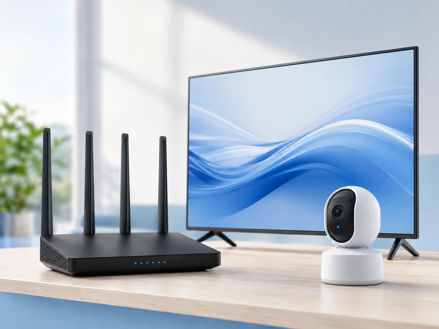 Home Wi-Fi router, smart TV, and indoor security camera for home tech troubleshooting