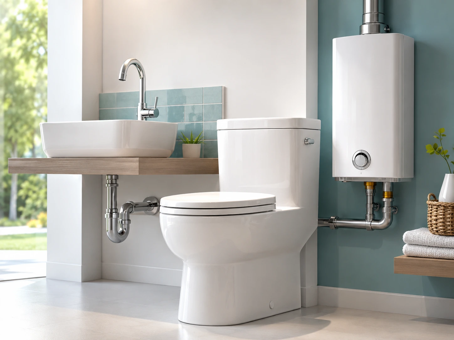 Bathroom toilet, sink, plumbing pipes, and water heater for home plumbing troubleshooting