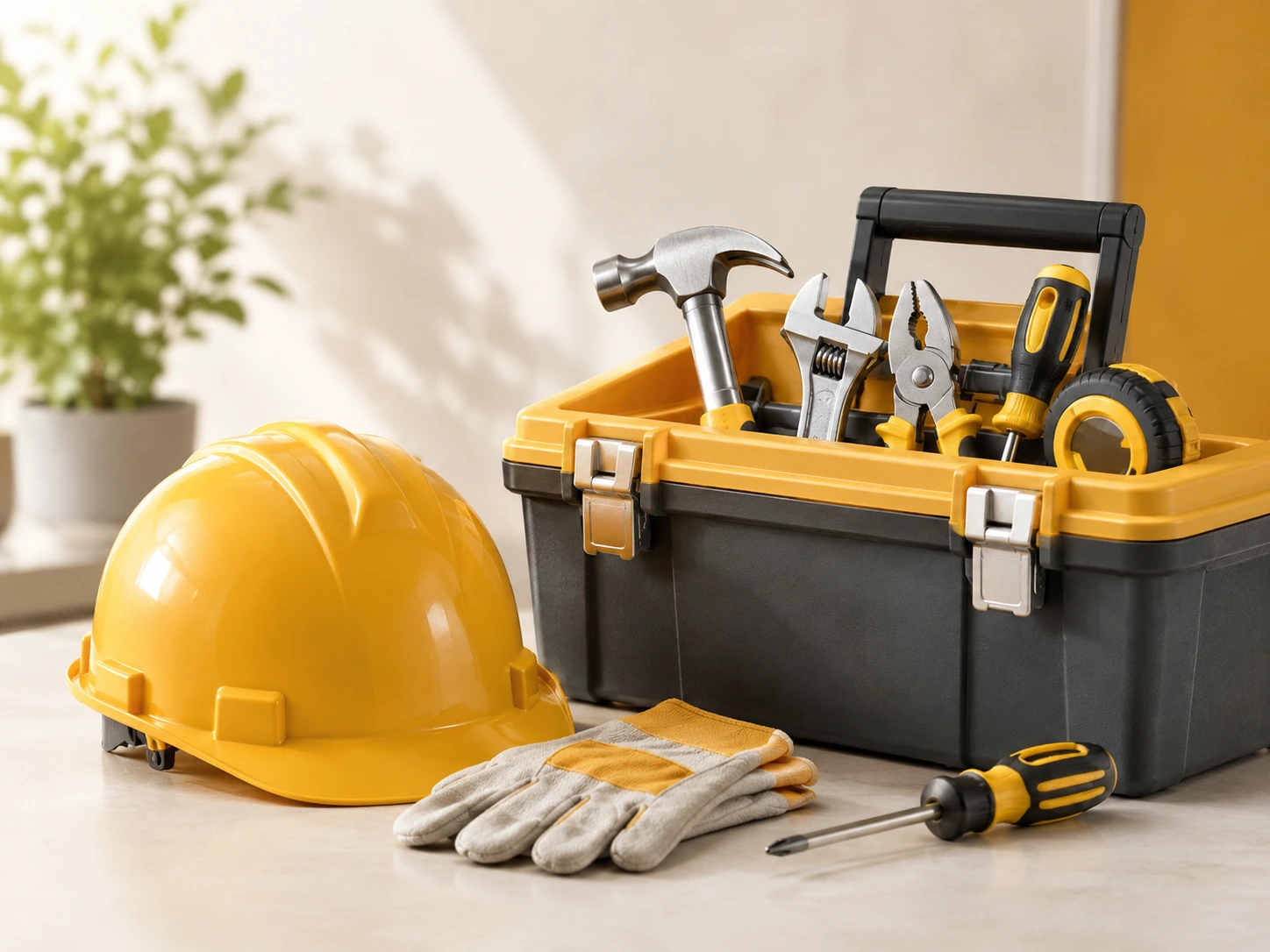 Home repair toolbox, safety helmet, gloves, and hand tools for safe troubleshooting