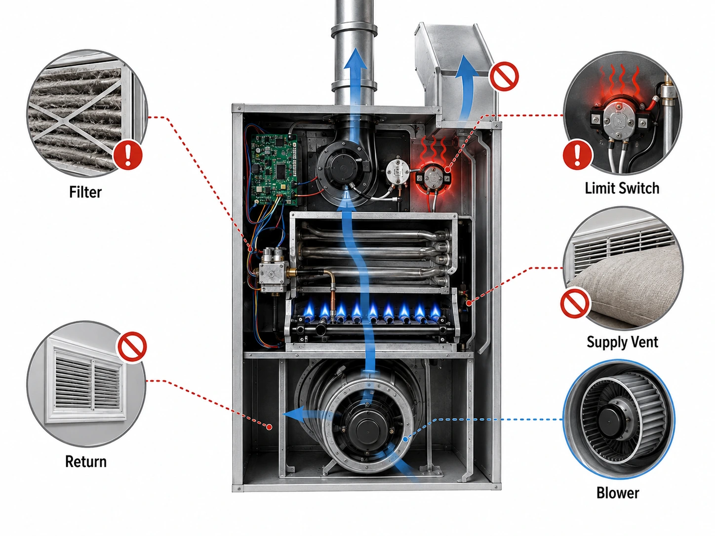 Furnace airflow problems showing dirty filter, blocked vent, blower motor and high limit switch