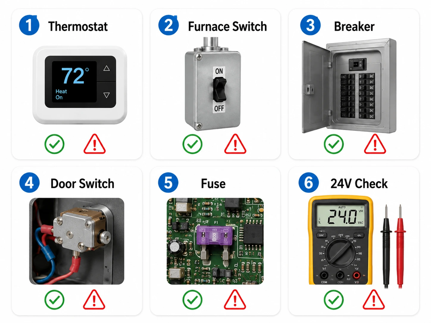 Basic furnace troubleshooting checks for thermostat, service switch, breaker, door switch, control board fuse and 24 volt circuit