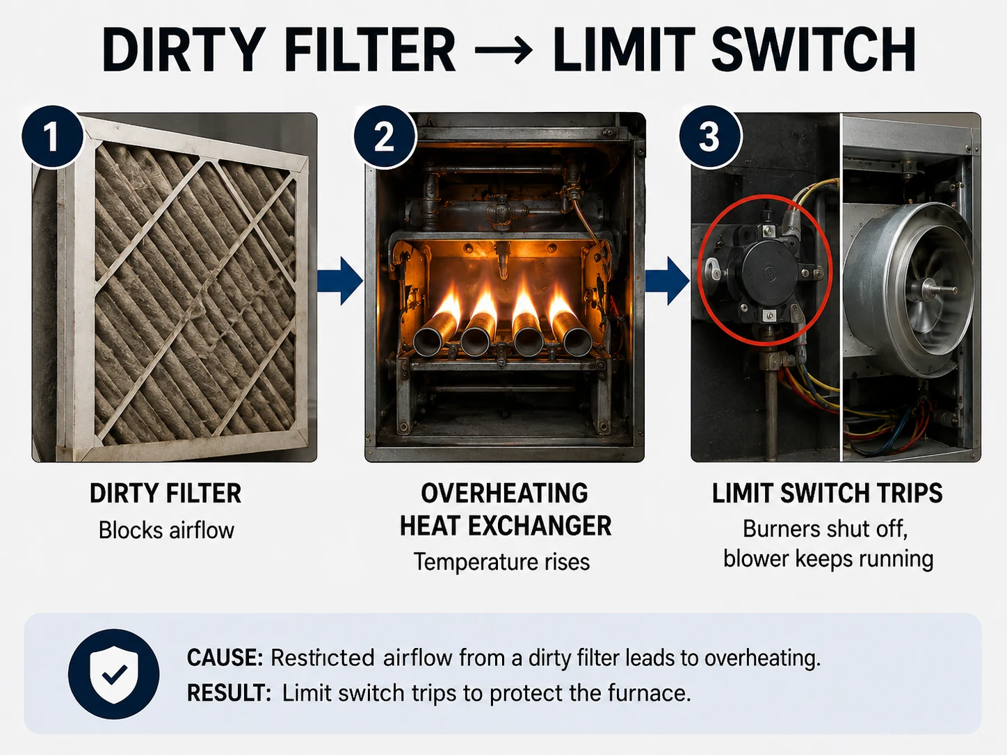 Dirty furnace filter restricting airflow and triggering the high limit switch while the blower continues running