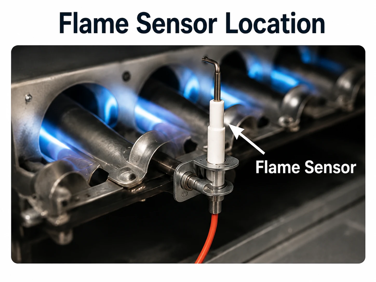 Gas furnace flame sensor location beside the burner assembly showing the sensor rod and ceramic insulator