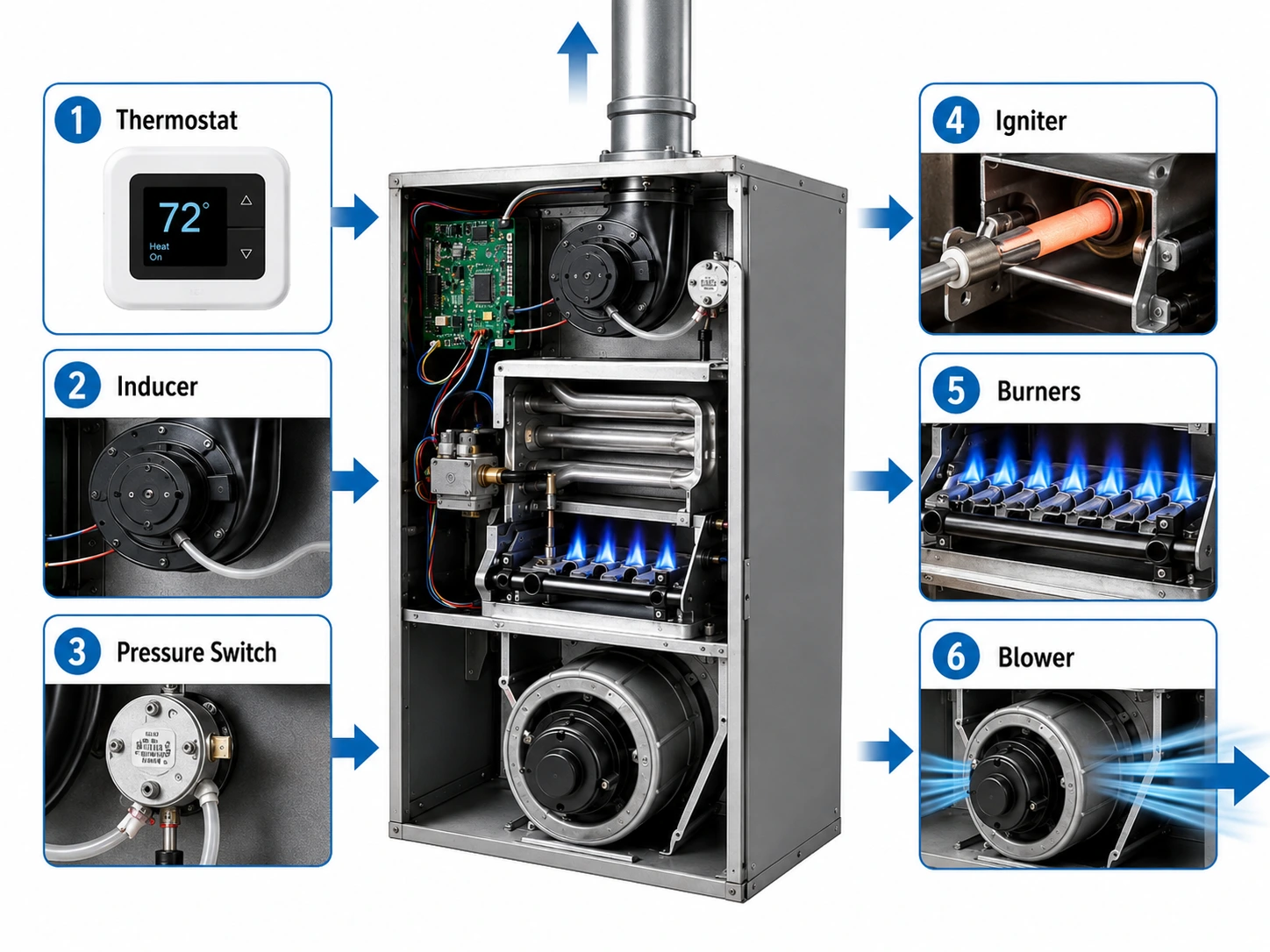 Furnace heating sequence showing thermostat, inducer motor, pressure switch, igniter, burners and blower