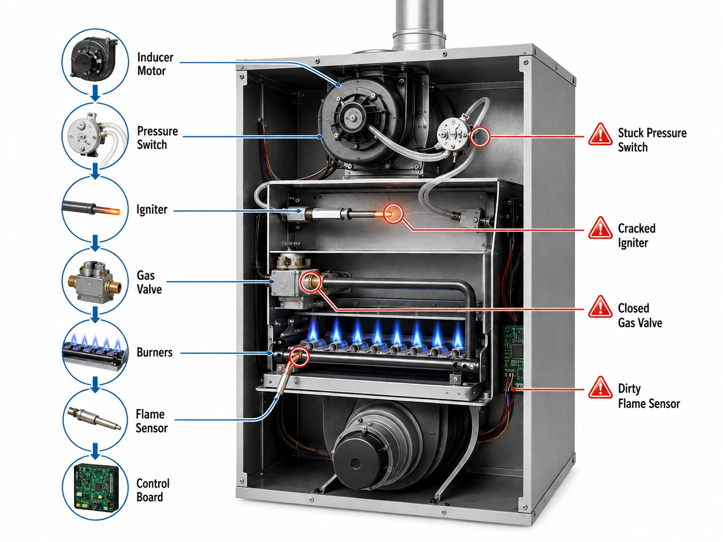 Gas furnace ignition components showing pressure switch, igniter, gas valve, burners and flame sensor