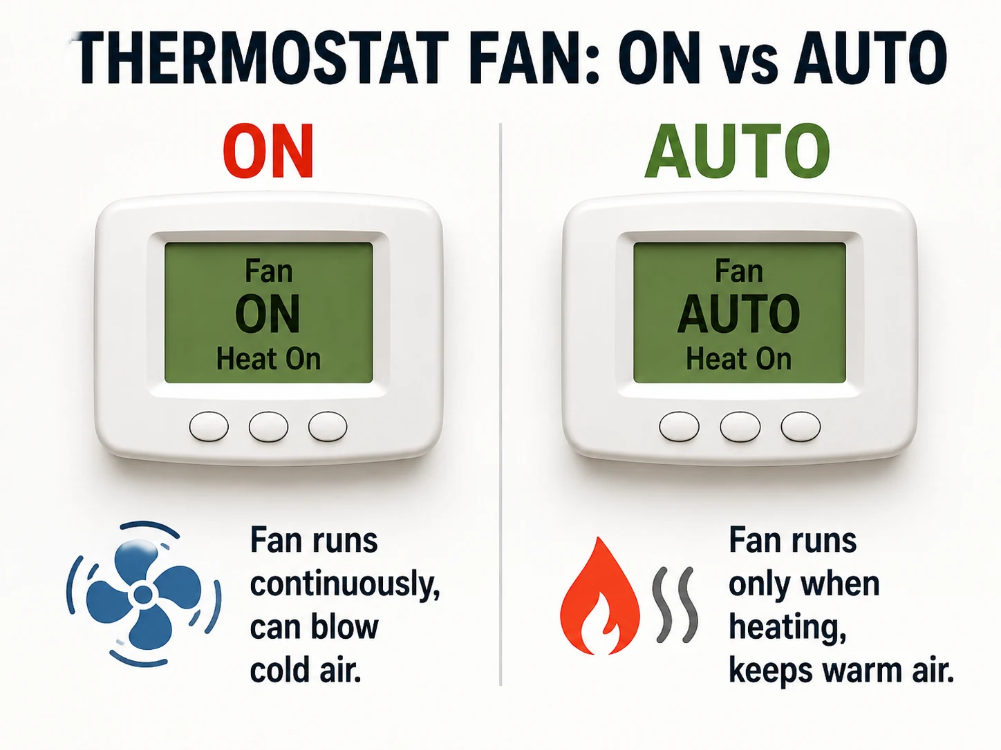 Furnace thermostat fan ON versus AUTO setting showing why ON can circulate cool air between heating cycles