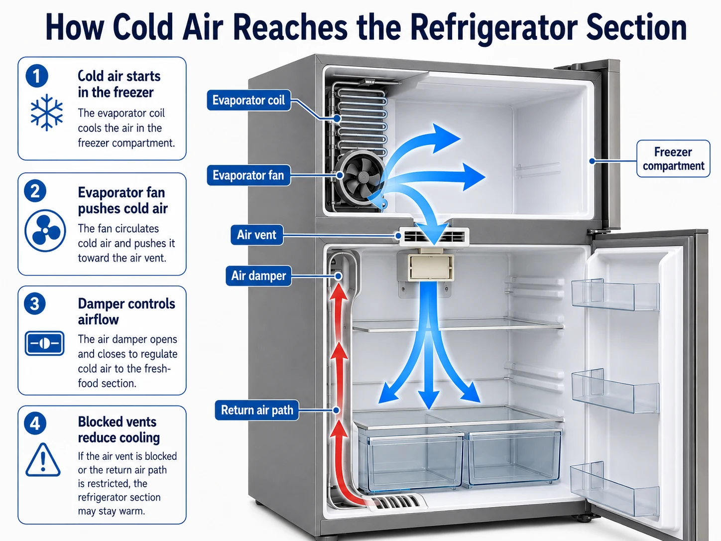 Refrigerator airflow diagram showing evaporator coil, evaporator fan, air vent, air damper, and return air path