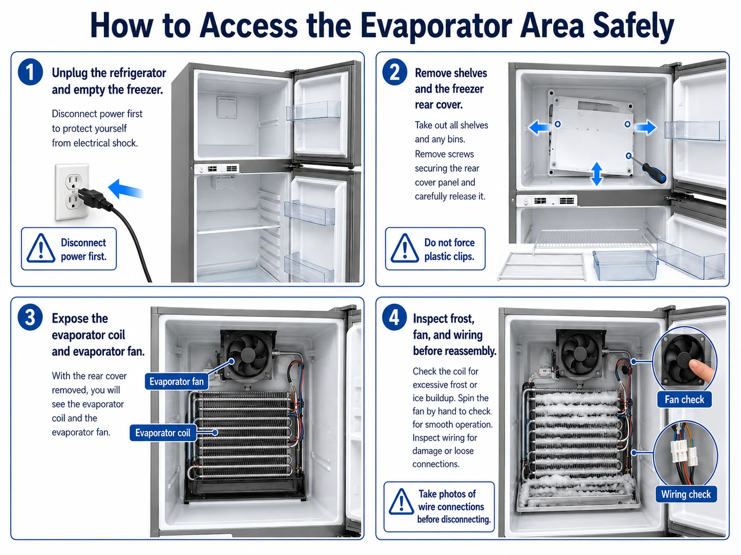 Safe refrigerator evaporator access steps showing unplugging power, removing freezer rear cover, evaporator coil, fan, and wiring
