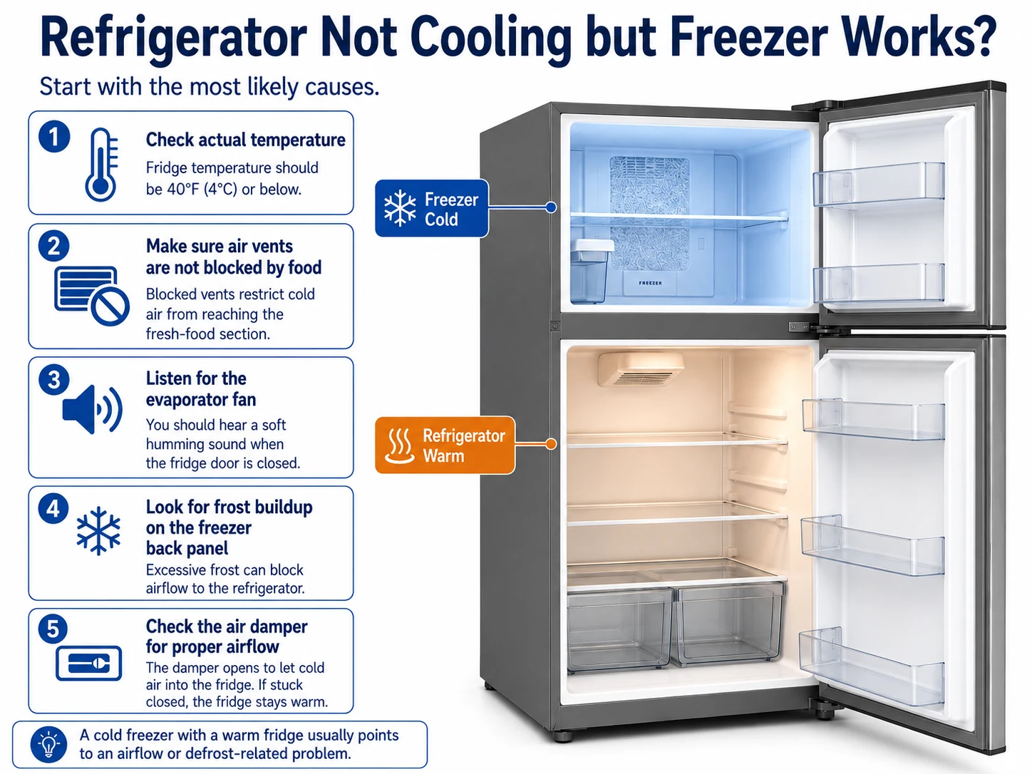 Refrigerator not cooling but freezer works diagnostic checklist showing temperature, air vents, evaporator fan, frost buildup, and air damper