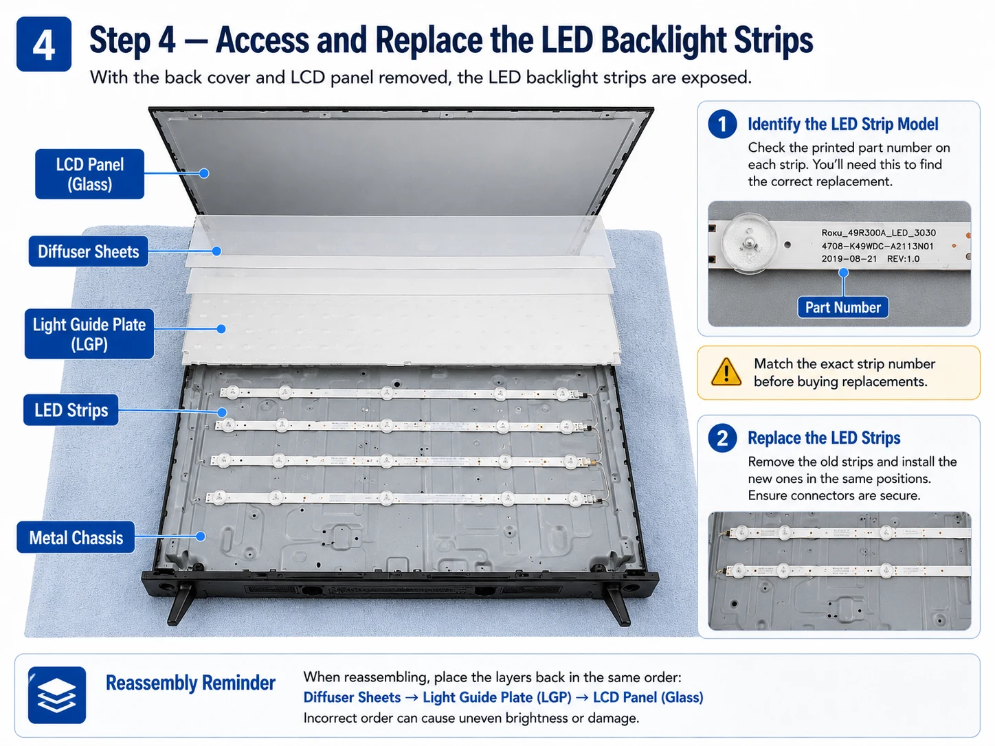 Roku TV LED backlight replacement showing LCD panel, diffuser sheets, light guide plate, LED strips, and metal chassis