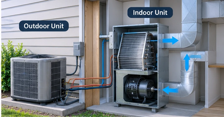 3D split AC system showing outdoor condenser and indoor blower airflow path