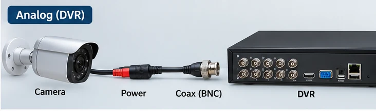 Analog DVR security camera power and BNC video signal path