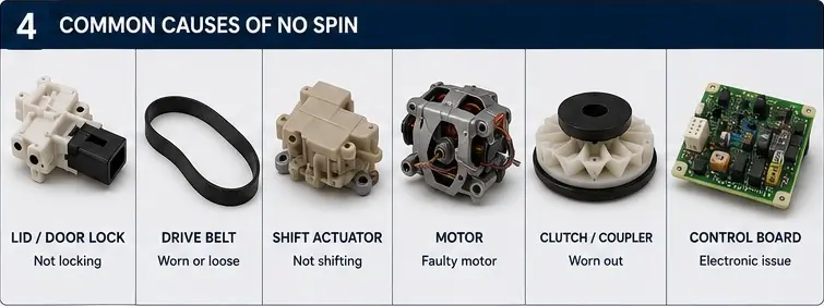 Common washer no spin causes including lock belt motor and control components