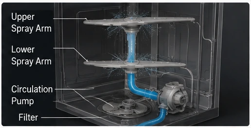 3D diagram of dishwasher circulation pump sending water to upper and lower spray arms