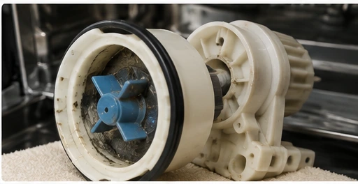 Dishwasher circulation pump and impeller inspected for a no-wash problem