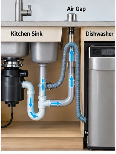 Dishwasher drain water path to kitchen sink plumbing