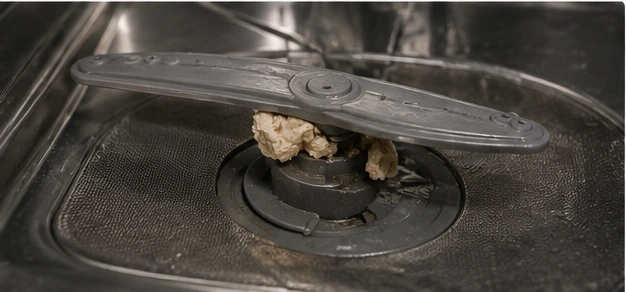 Food debris blocking a dishwasher spray arm and preventing rotation