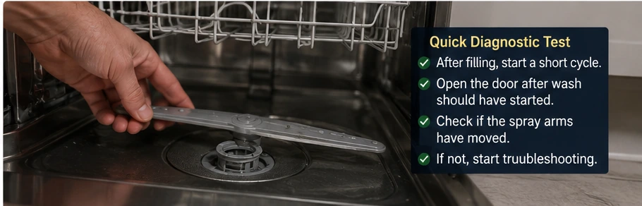 Checking whether a dishwasher spray arm moved during a wash cycle