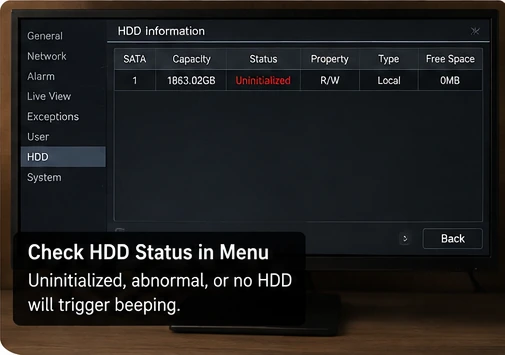DVR HDD status menu showing an uninitialized hard drive