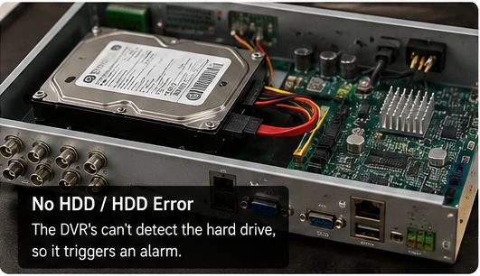 Open DVR showing a hard drive while the recorder reports No HDD or HDD Error