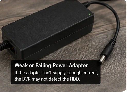 Weak DVR power adapter causing insufficient power for hard drive startup