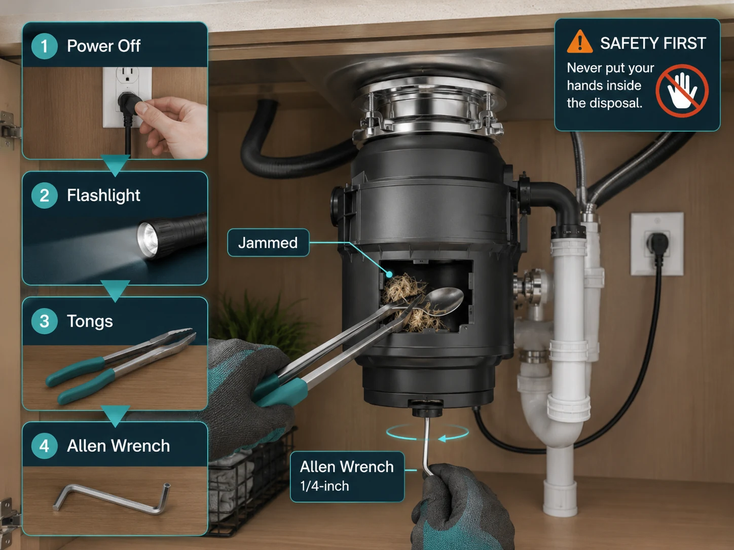 Safe garbage disposal jam clearing with power off flashlight tongs and quarter inch Allen wrench