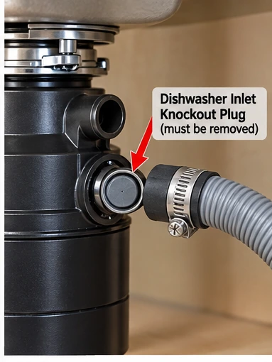 Garbage disposal dishwasher knockout plug location