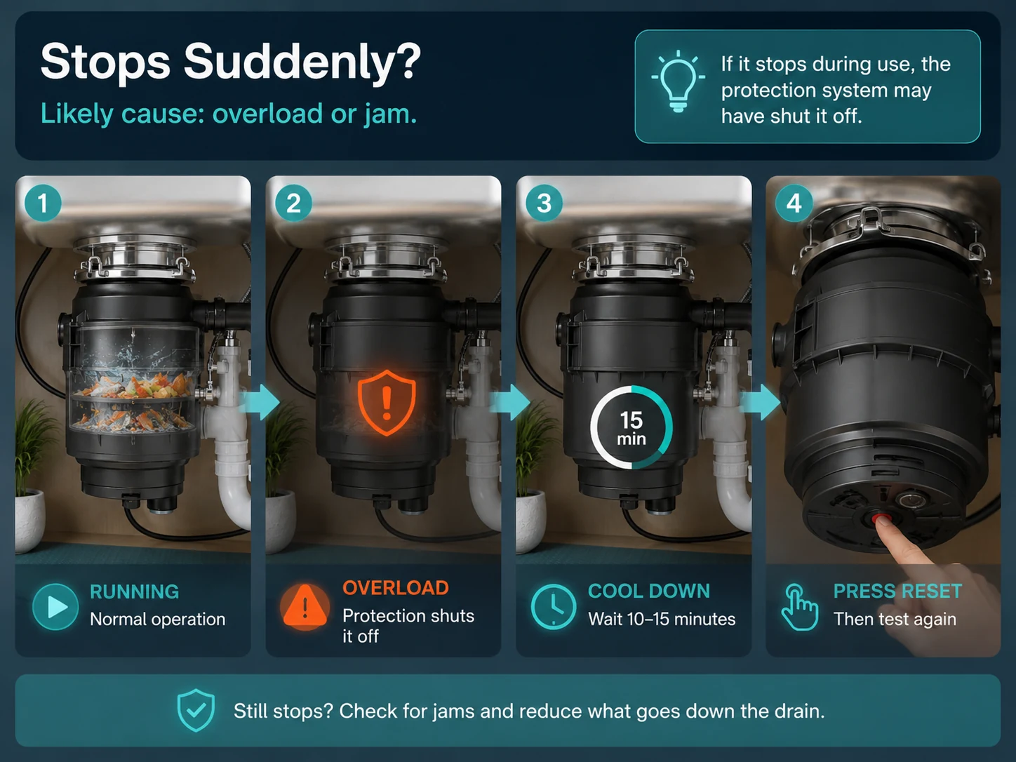 Garbage disposal overload shutdown cooling inspection and reset sequence