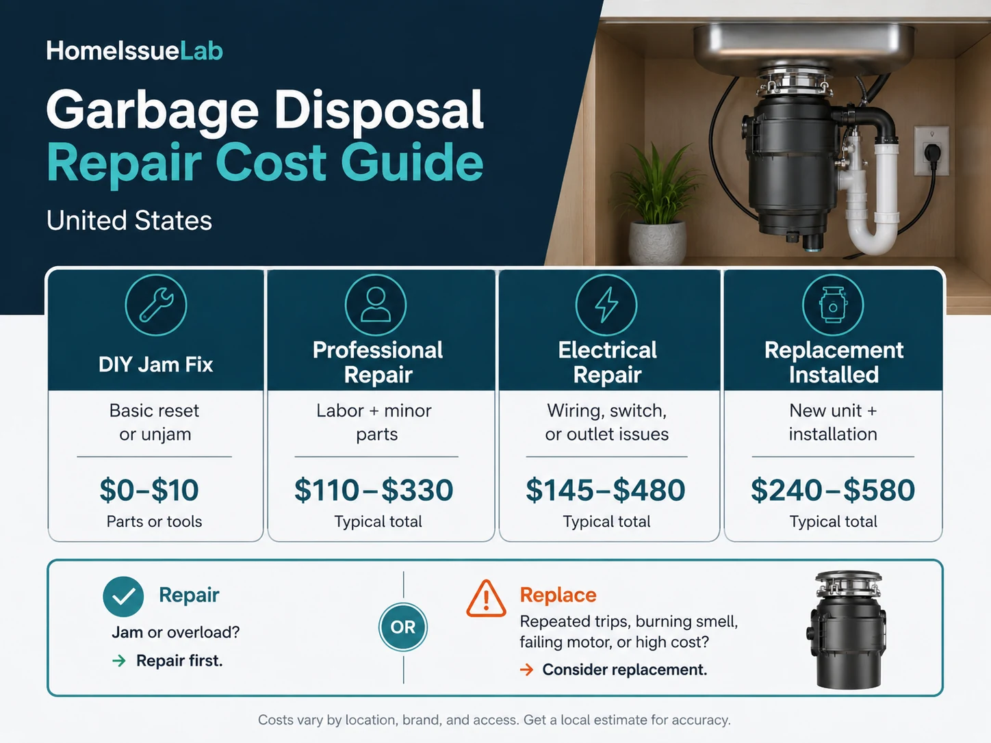 Garbage disposal repair cost guide comparing DIY professional repair and replacement