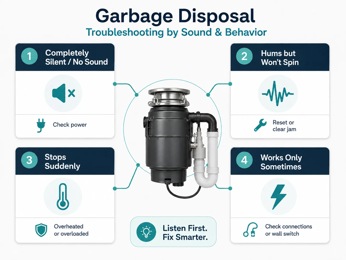 Garbage disposal symptom diagnosis showing no sound humming sudden stopping and intermittent operation