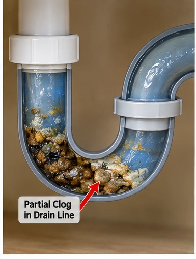 Partial kitchen drain clog causing dishwasher water backup