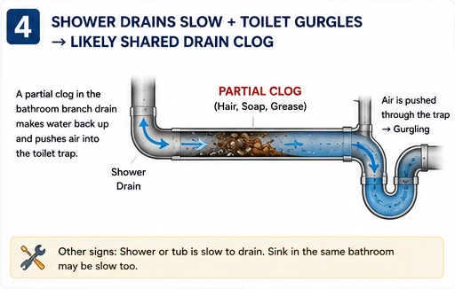 Partial clog in a shared bathroom branch drain causing shower slowdown and toilet gurgling