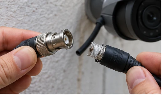 Inspecting a BNC connector on an analog security camera cable