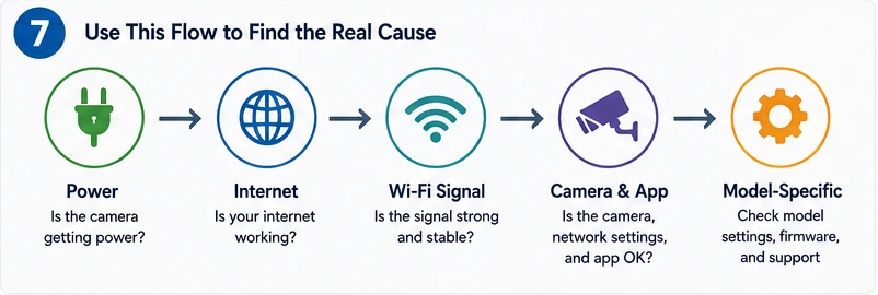 Security camera offline diagnostic flow from power to internet Wi-Fi app and model settings