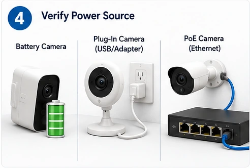 Checking battery plug-in and PoE power sources for a security camera