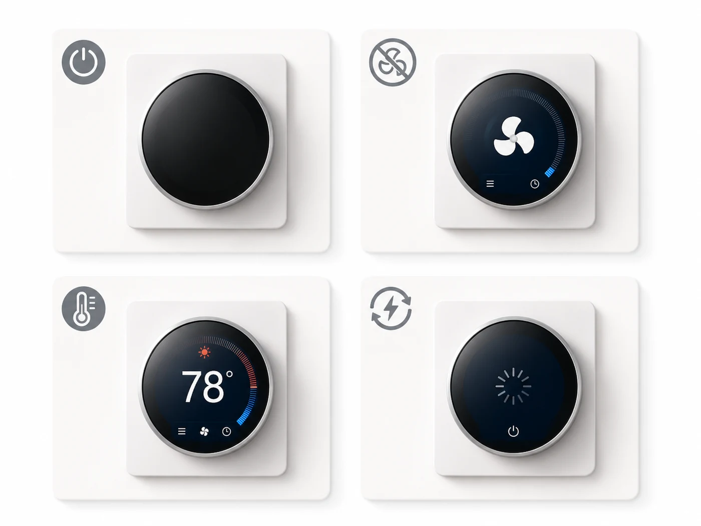 Four thermostat not working symptoms including blank screen, no HVAC response, wrong temperature, and restarting