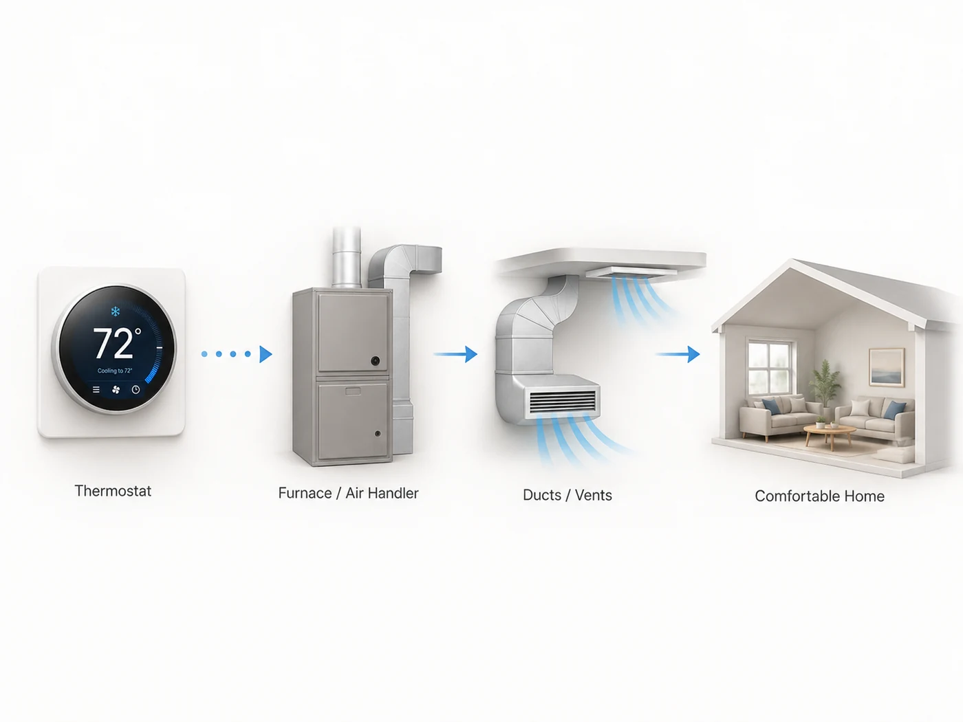 Thermostat signal flow to furnace or air handler, ducts and vents, and the home