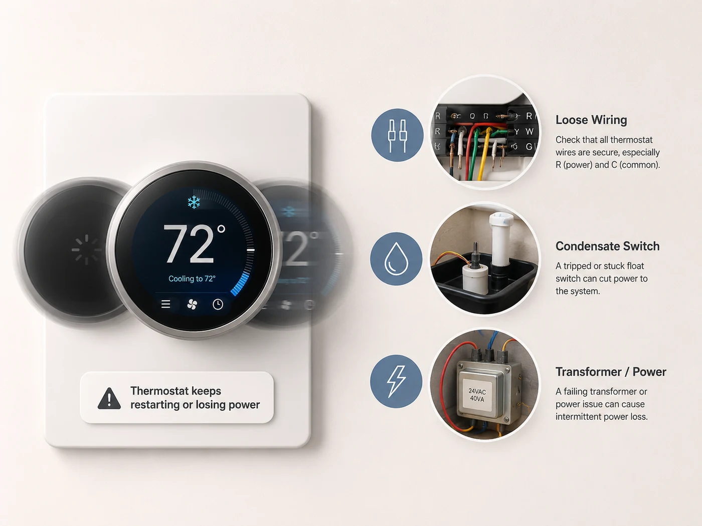 Thermostat keeps restarting or losing power with possible wiring, condensate switch, and low-voltage transformer causes