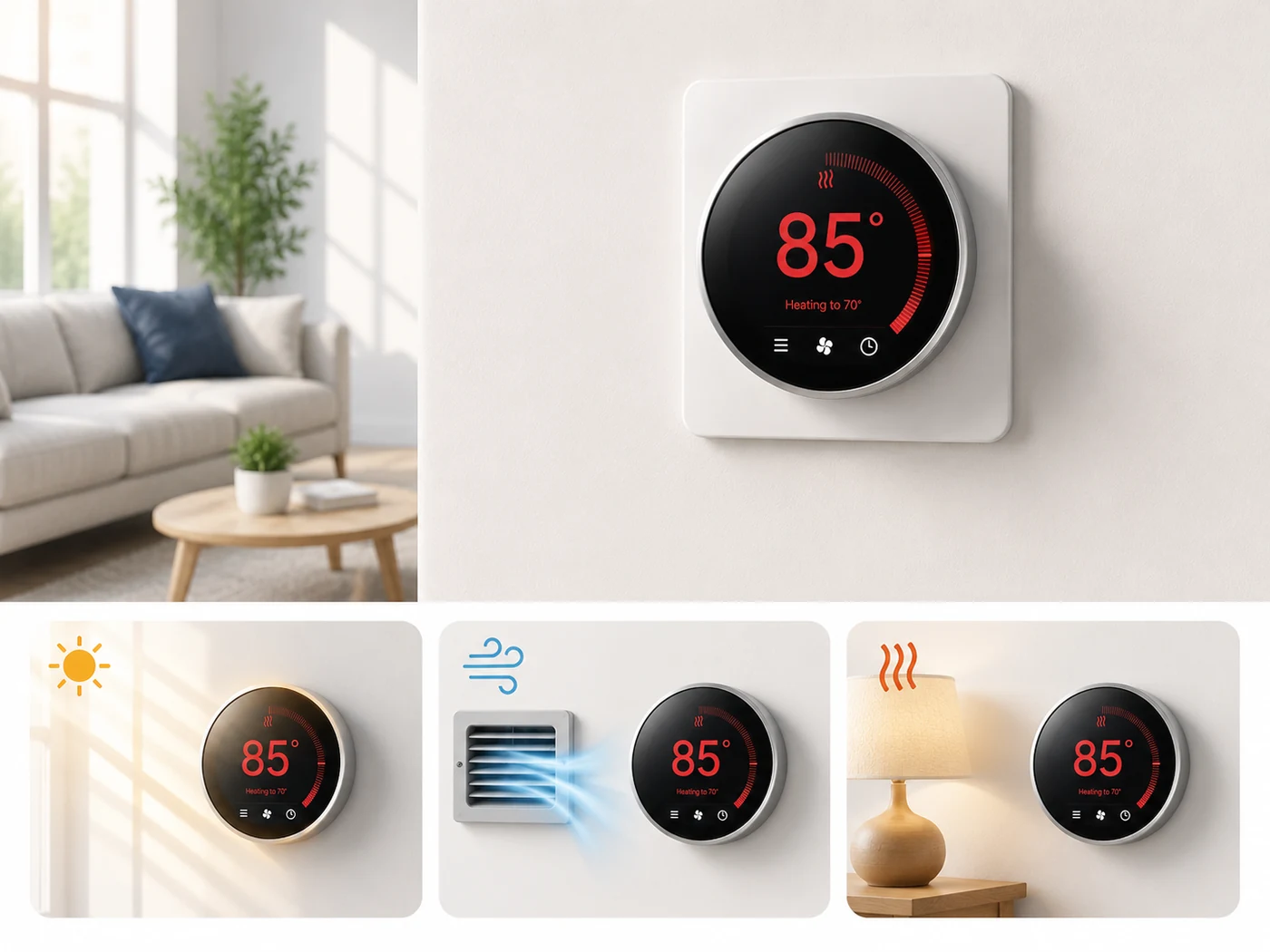 Thermostat wrong temperature reading caused by direct sunlight, nearby air vent, or nearby heat source