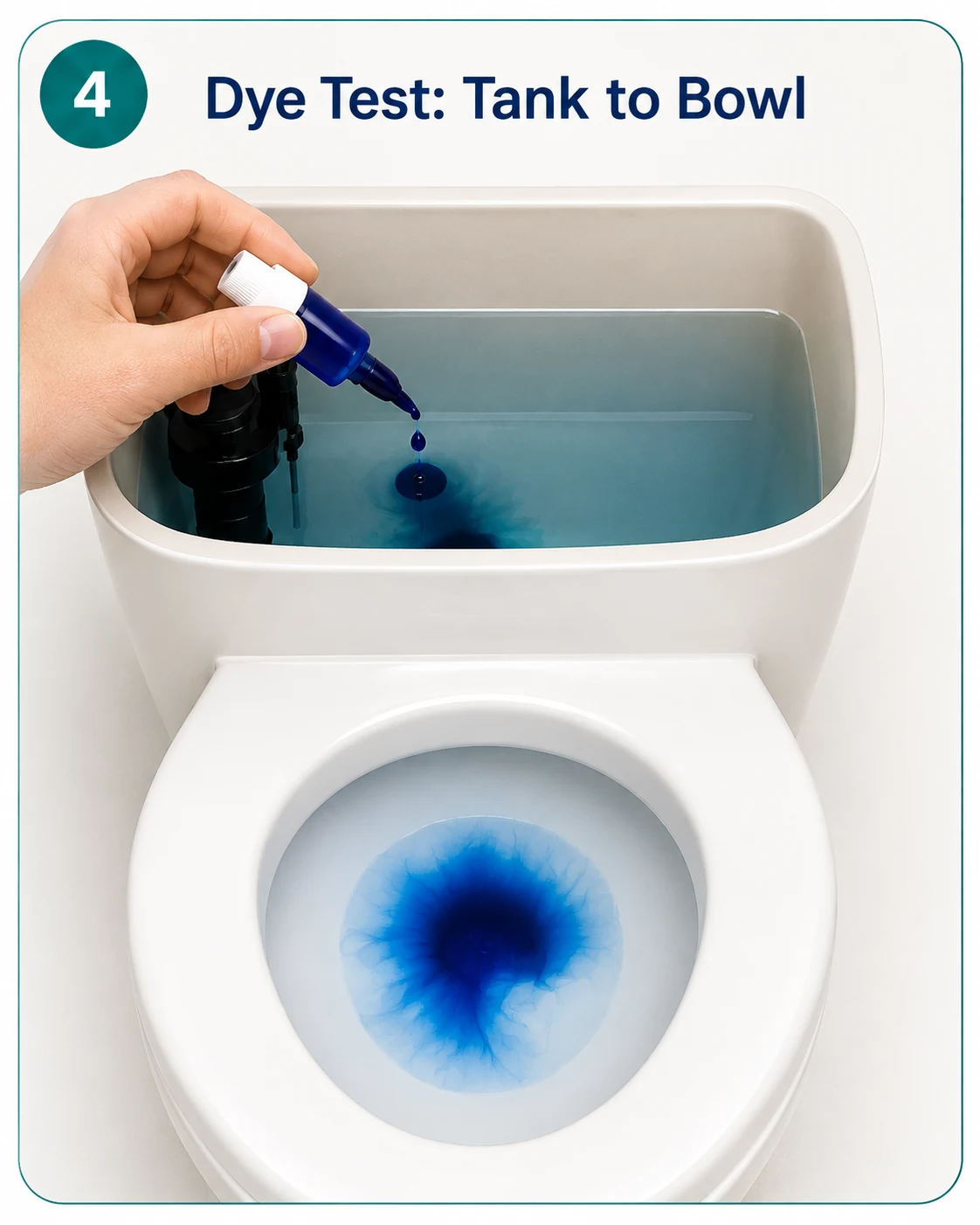 Toilet dye test using food coloring in the tank to detect a flapper or flush valve leak into the bowl