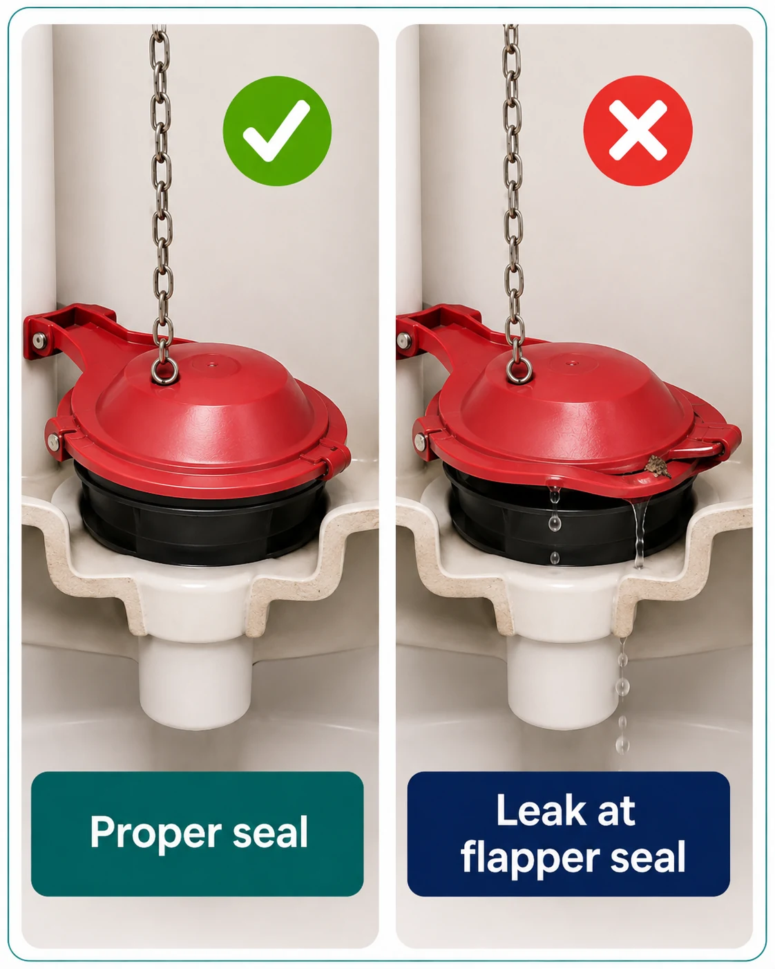 Toilet flapper with a proper seal compared with a leaking flapper seal