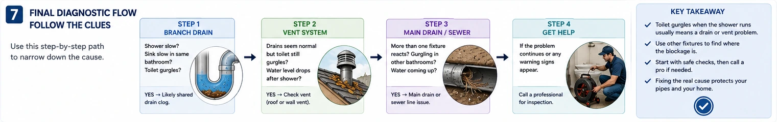 Diagnostic flow for toilet gurgling when the shower runs
