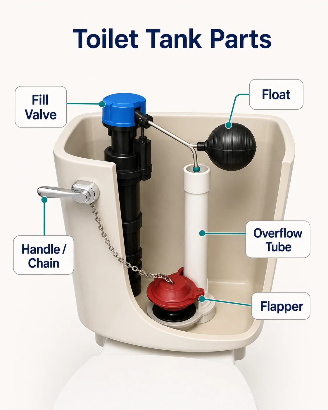 Toilet tank parts showing fill valve, float, overflow tube, flapper, handle and chain