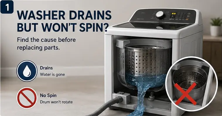 Washer Drains but Won’t Spin? Find the Cause Before Replacing Parts