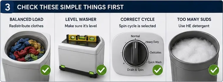 Washer spin troubleshooting checks for load balance level cycle and suds