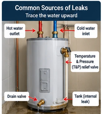 Common water heater leak sources including connections T and P valve drain valve and tank